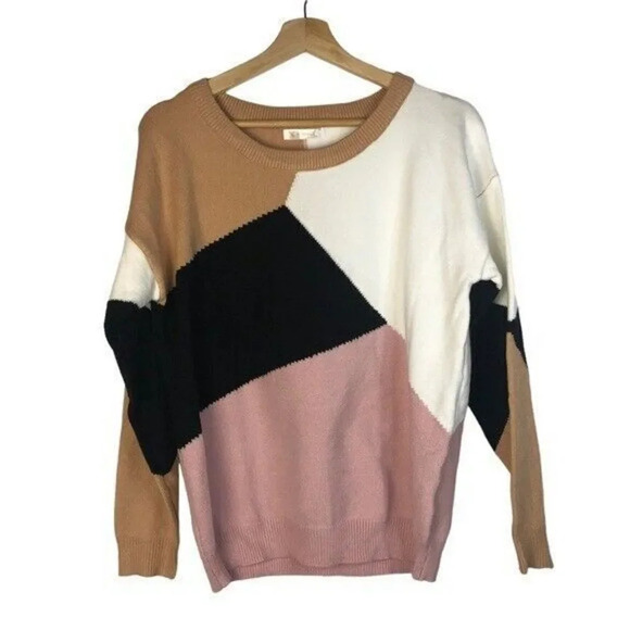 Boutique Black Tan & Pink Colorblock Geometric Crewneck Sweater M - Picture 2 of 5